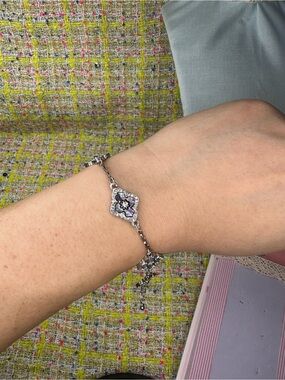 Sterling Silver Floral Charm Bracelet with Purple Accents